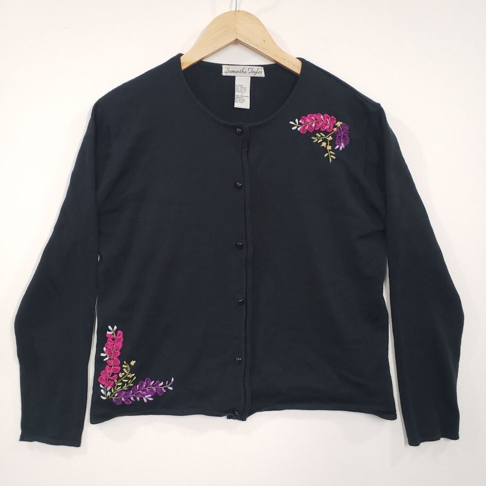 Samantha Taylor‎ Black Cardigan Floral Embroidery Y2K Womens Size L Cottagecore